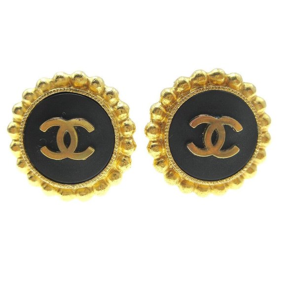 AUTHENTICITY GUARANTEED Chanel Button Motif Earrings Gold Black Clip-On - Picture 1 of 5